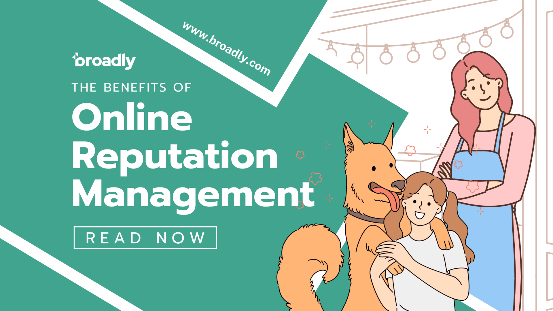 Benefits of online reputation management illustrated with woman and dogs