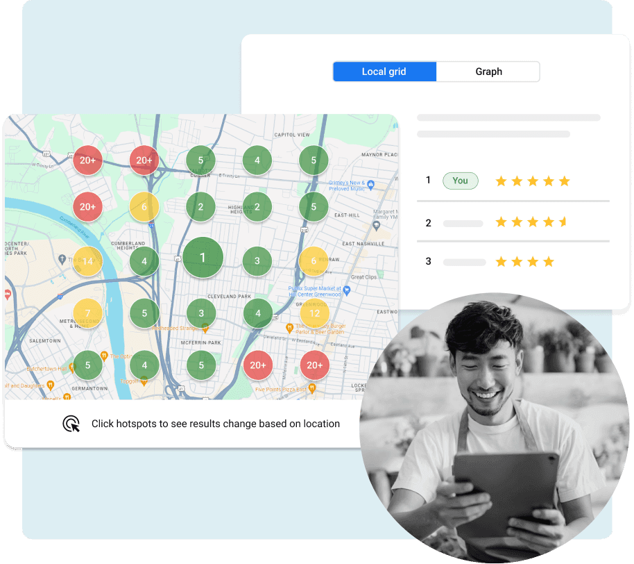 Local SEO analytics map with business rankings, review ratings, and man holding tablet device