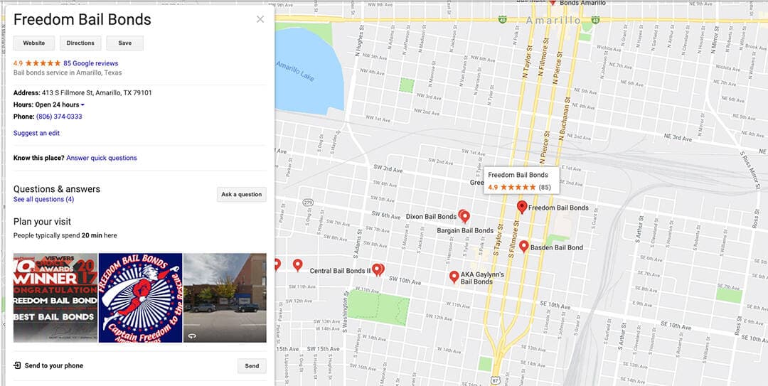 Google Maps listing for Freedom Bail Bonds bail bonds service in Amarillo, Texas