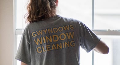 Person wearing window cleaning company branded gray shirt