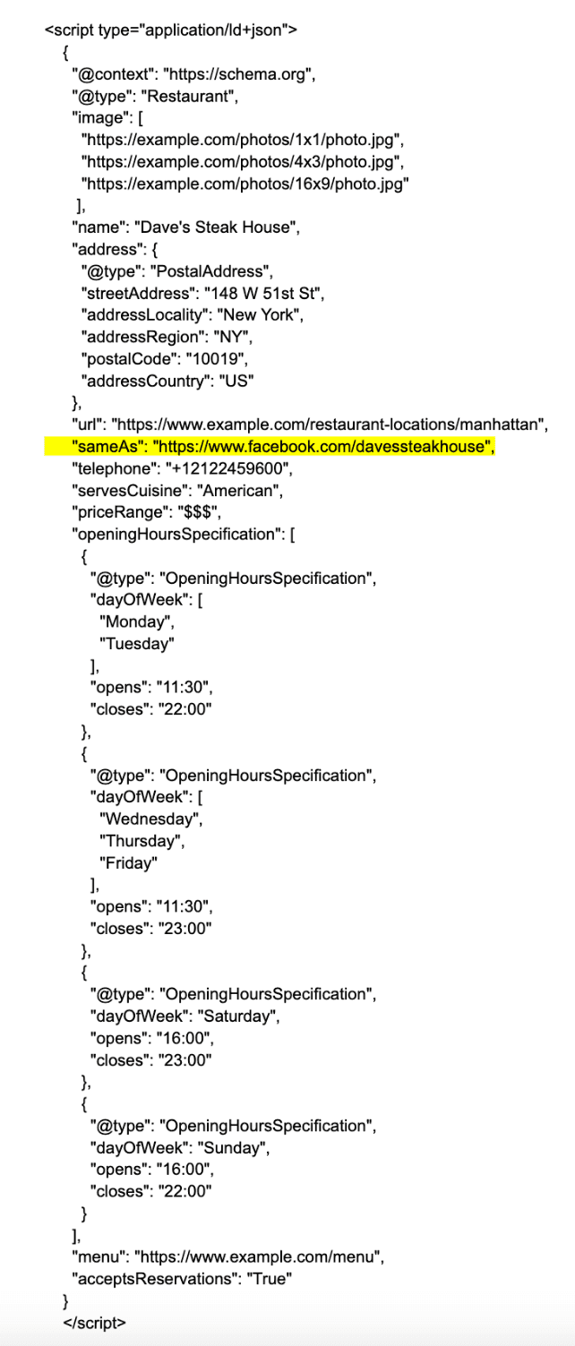 Schema markup code for restaurant business with Facebook review integration