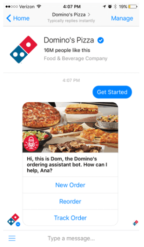 Domino's Pizza Facebook Messenger chatbot showing menu options for new order, reorder, and track order