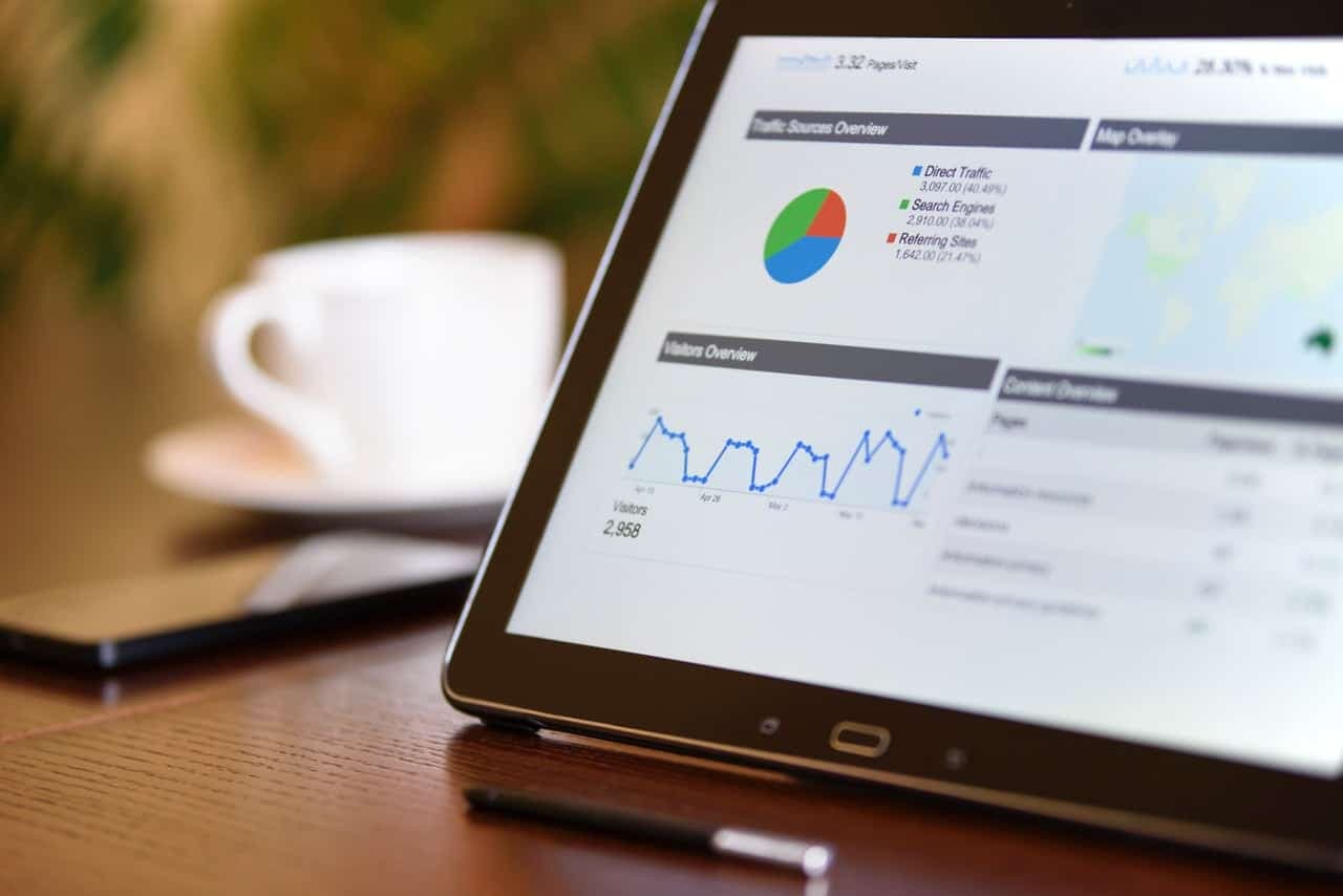 Analytics dashboard on tablet showing traffic sources and visitor trends