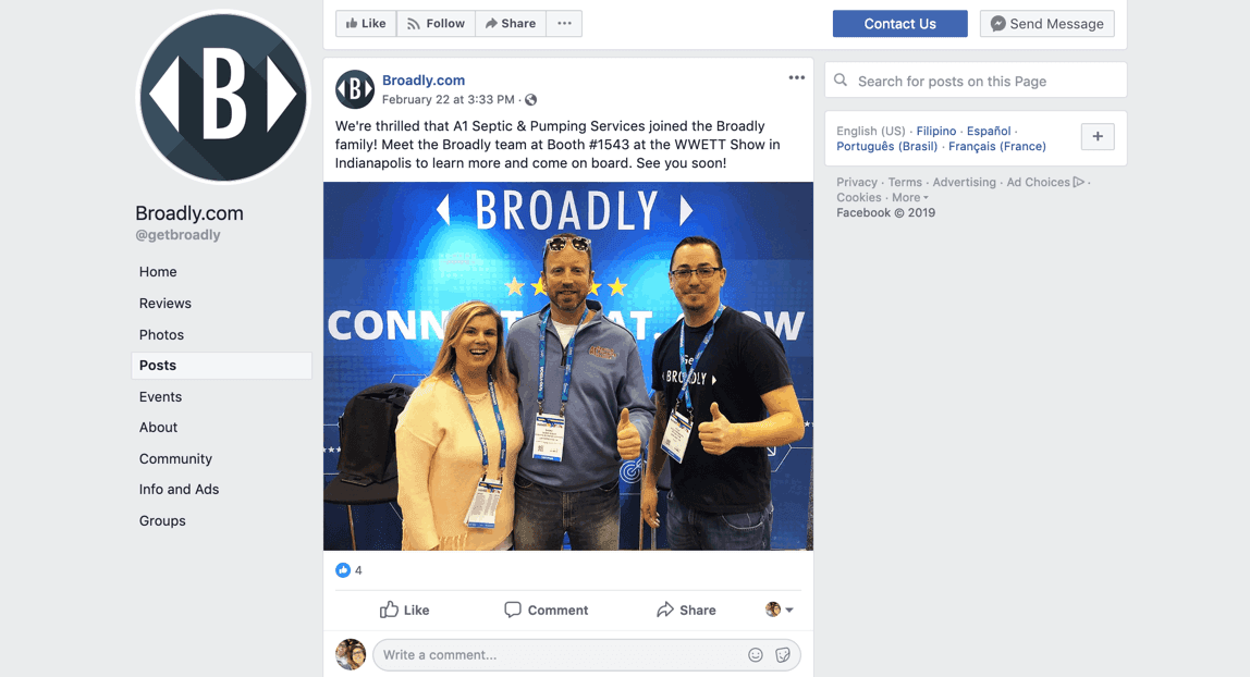Broadly Facebook post about A1 Septic & Pumping Services joining Broadly with team photo