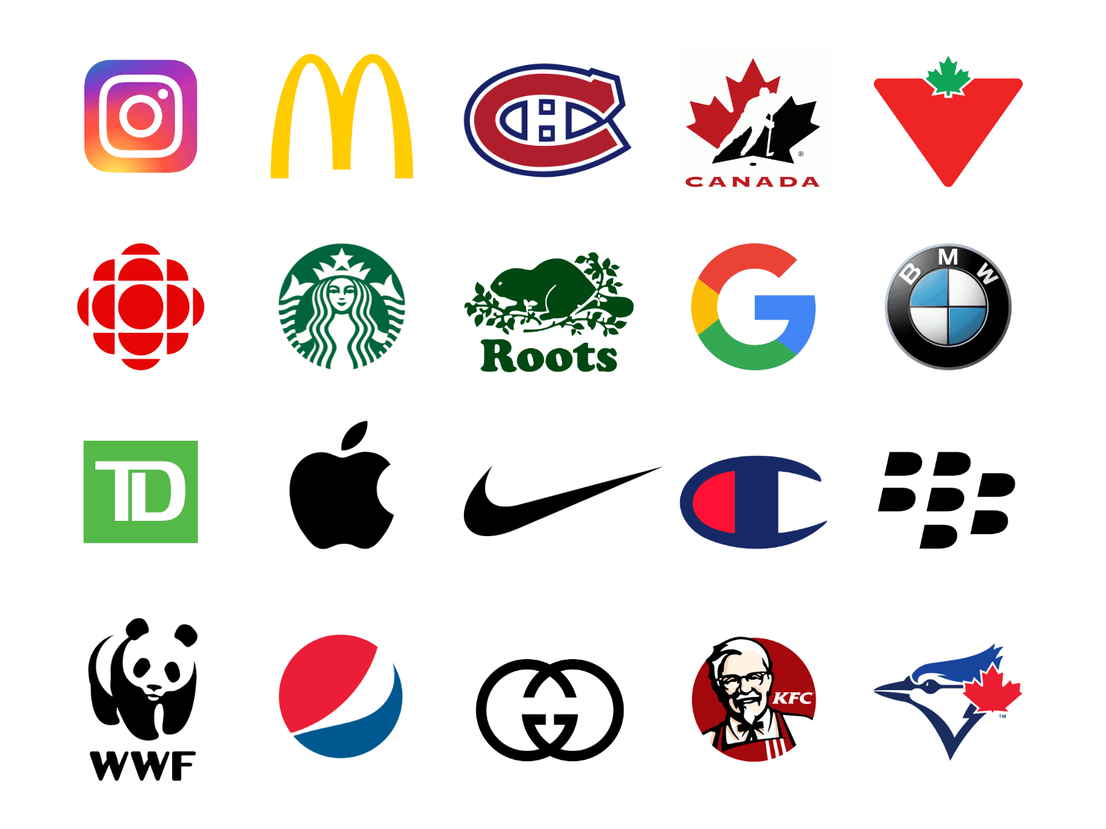 Grid of famous brand logos including Instagram, McDonald's, Nike, Apple, and others