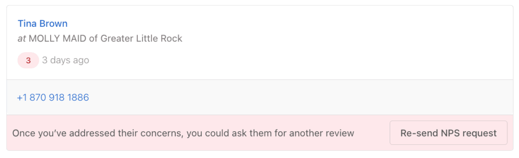 Customer follow-up message advising to address concerns before requesting another NPS review