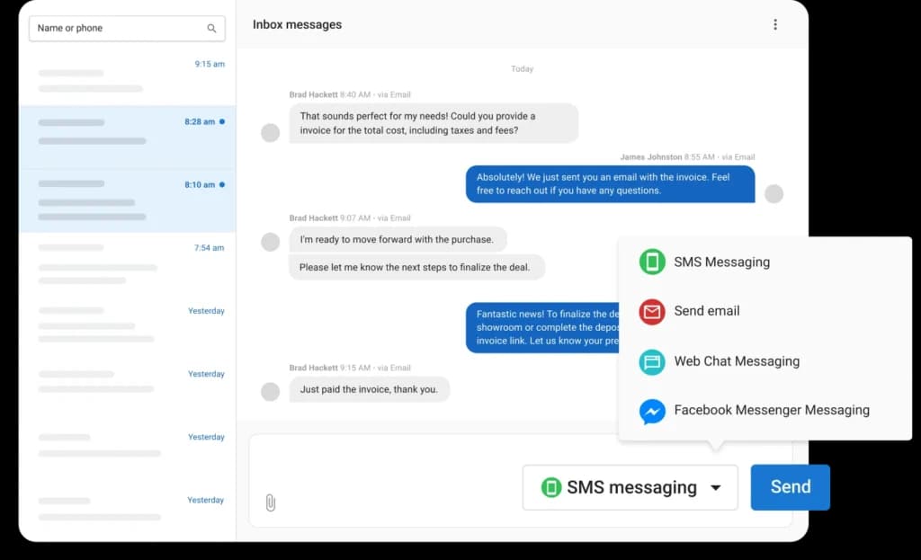 Inbox messaging interface displaying conversation thread with SMS, email, web chat, and Facebook options