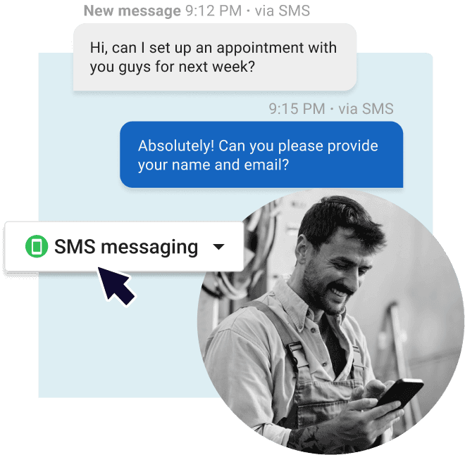 SMS messaging conversation showing customer appointment request and business response with contact collection