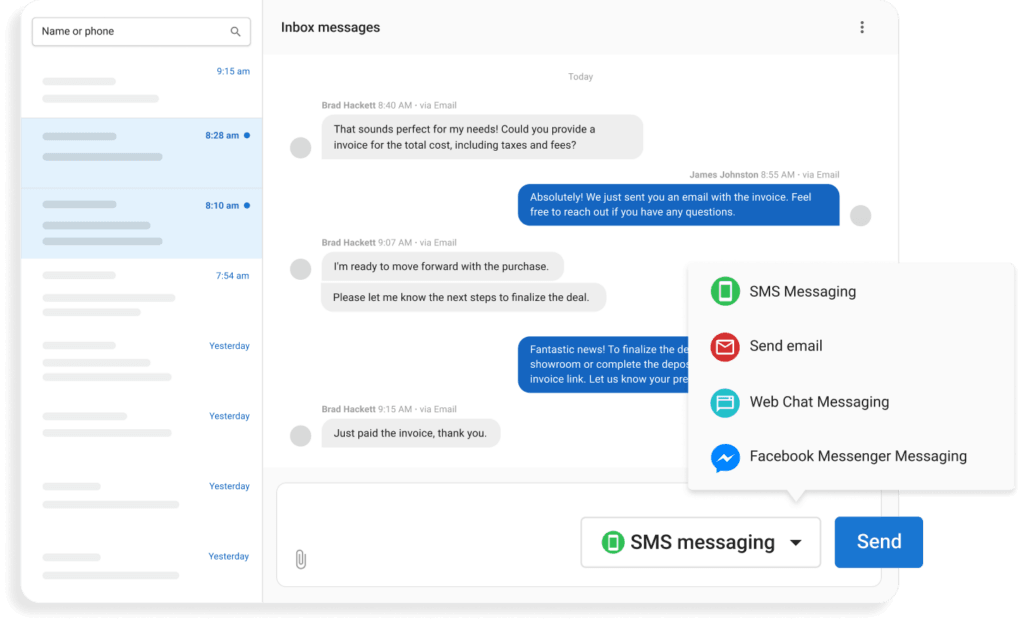 Inbox messaging interface displaying conversation thread with SMS, email, web chat, and Facebook options