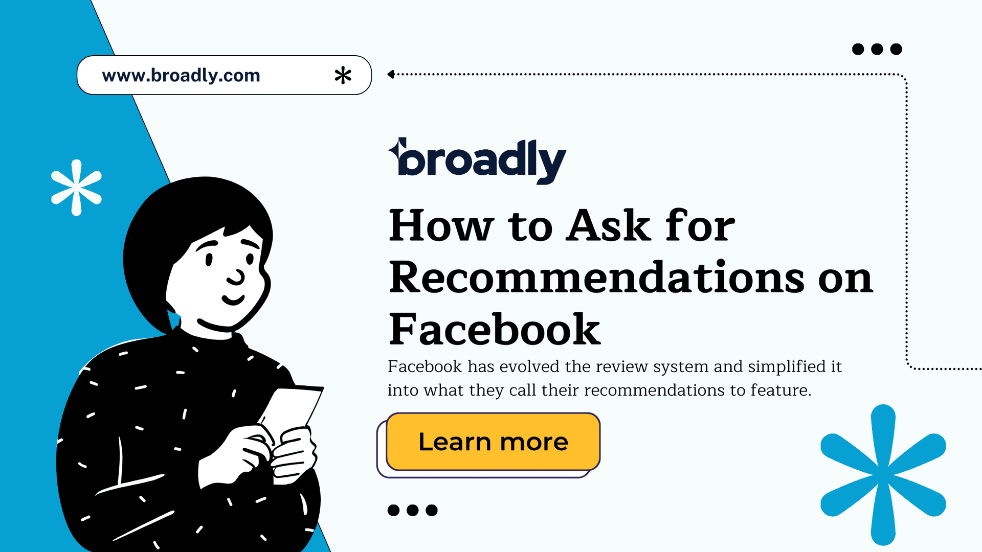 Illustrated person holding a phone for a guide on how to ask for recommendations on Facebook
