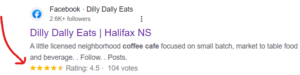Facebook page listing for Dilly Dally Eats in Halifax, NS with a 4.5-star rating from 104 votes