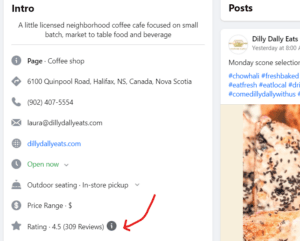 Facebook Intro panel with hours and price range, arrow pointing to a 4.5-star rating from 309 reviews