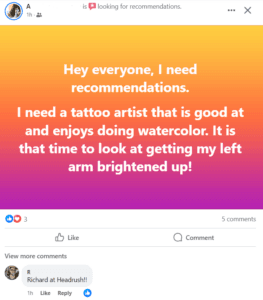 Colorful gradient Facebook post requesting tattoo artist recommendations with skills in watercolor designs