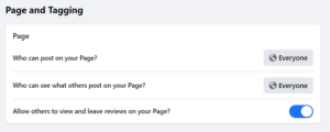Page and Tagging settings showing permission toggles for posting, viewing content, and leaving reviews