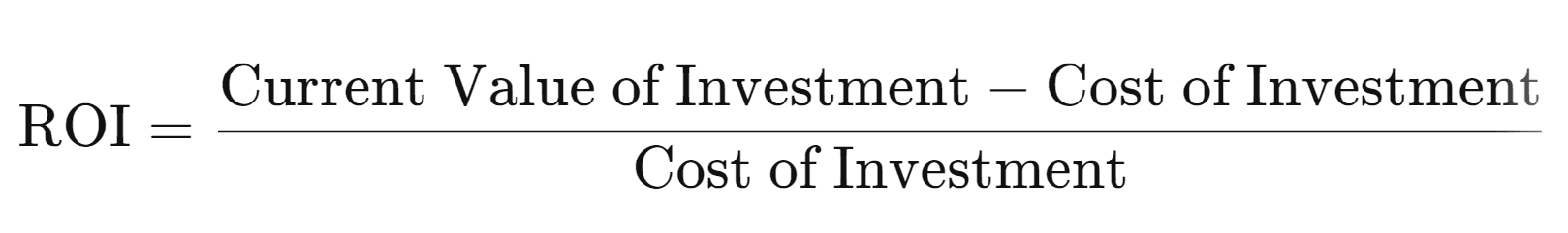 ROI formula showing calculation of current value minus cost divided by cost of investment