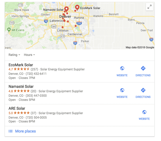 Google Maps search results for solar energy suppliers in Denver with business ratings and contact information