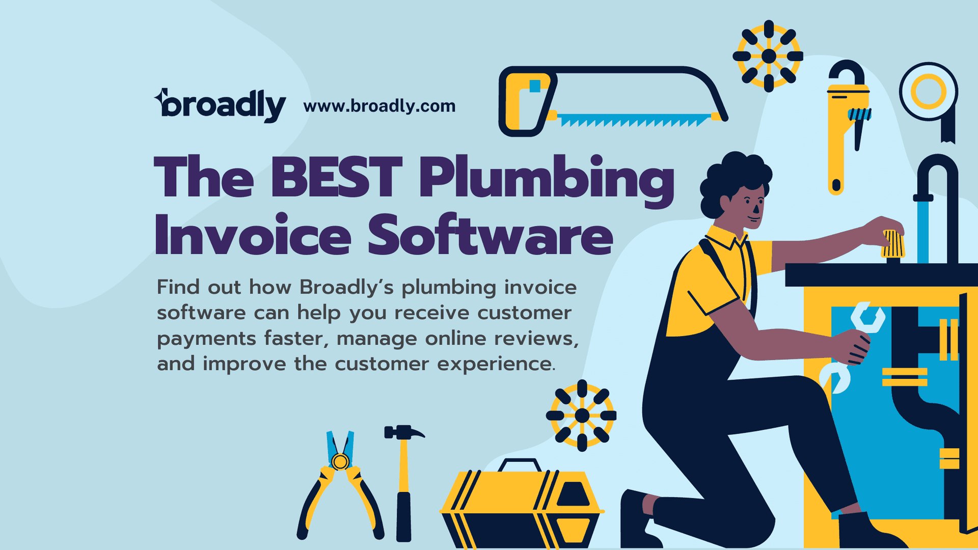 Blog banner: The BEST Plumbing Invoice Software with plumber and tools illustration