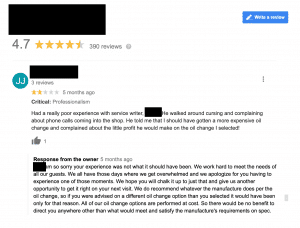 Google review showing 4.7-star rating with customer review and owner response