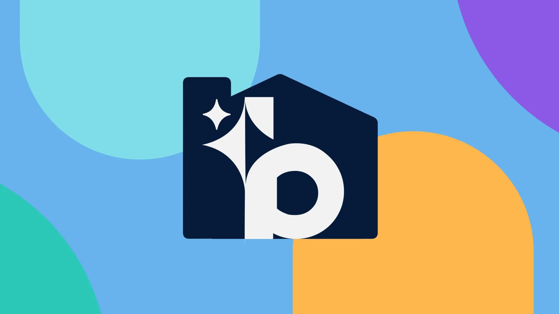 Broadly's house-and-sparkle icon on a colorful gradient background