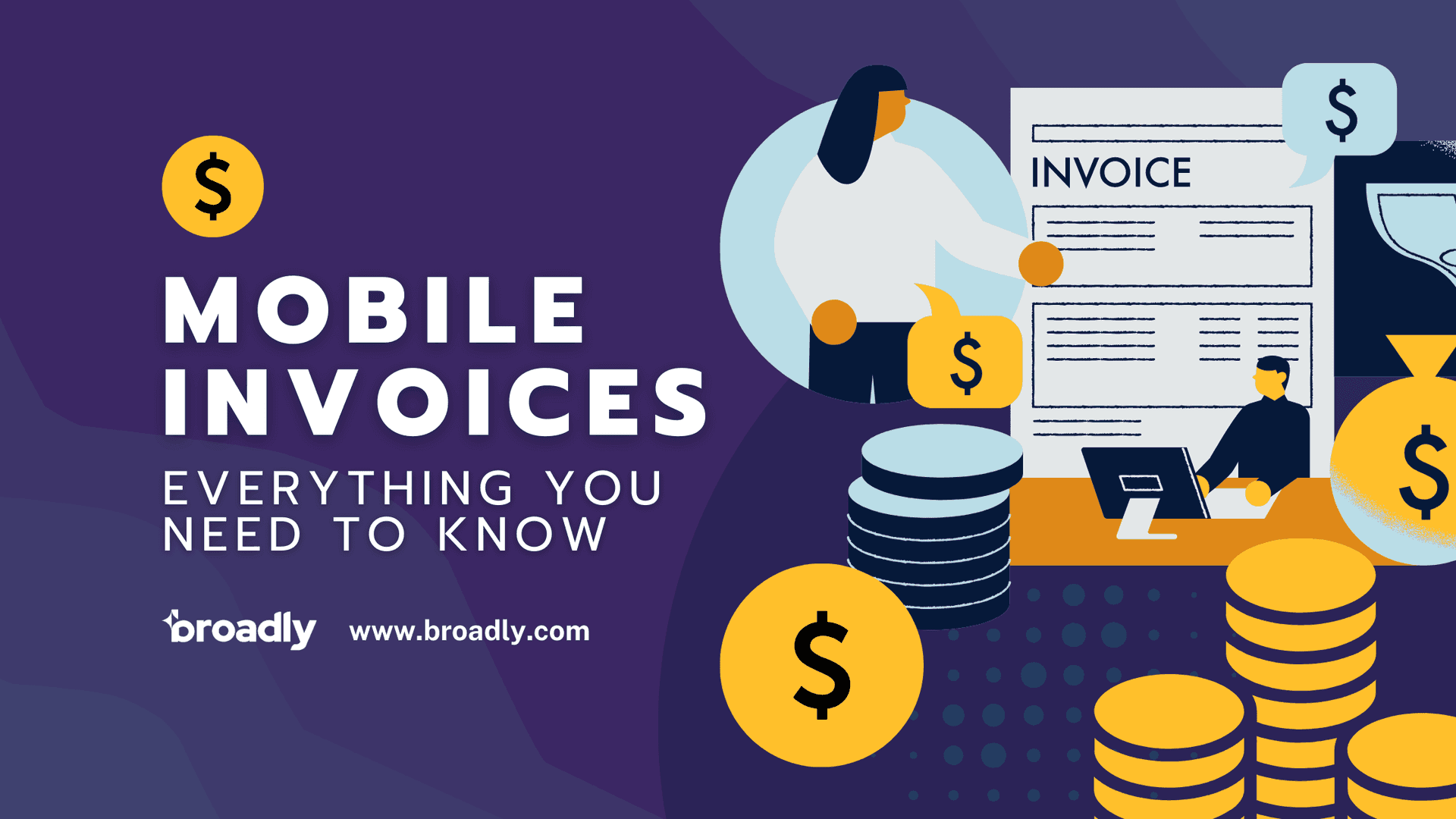 Guide on mobile invoices with illustrations of person and currency
