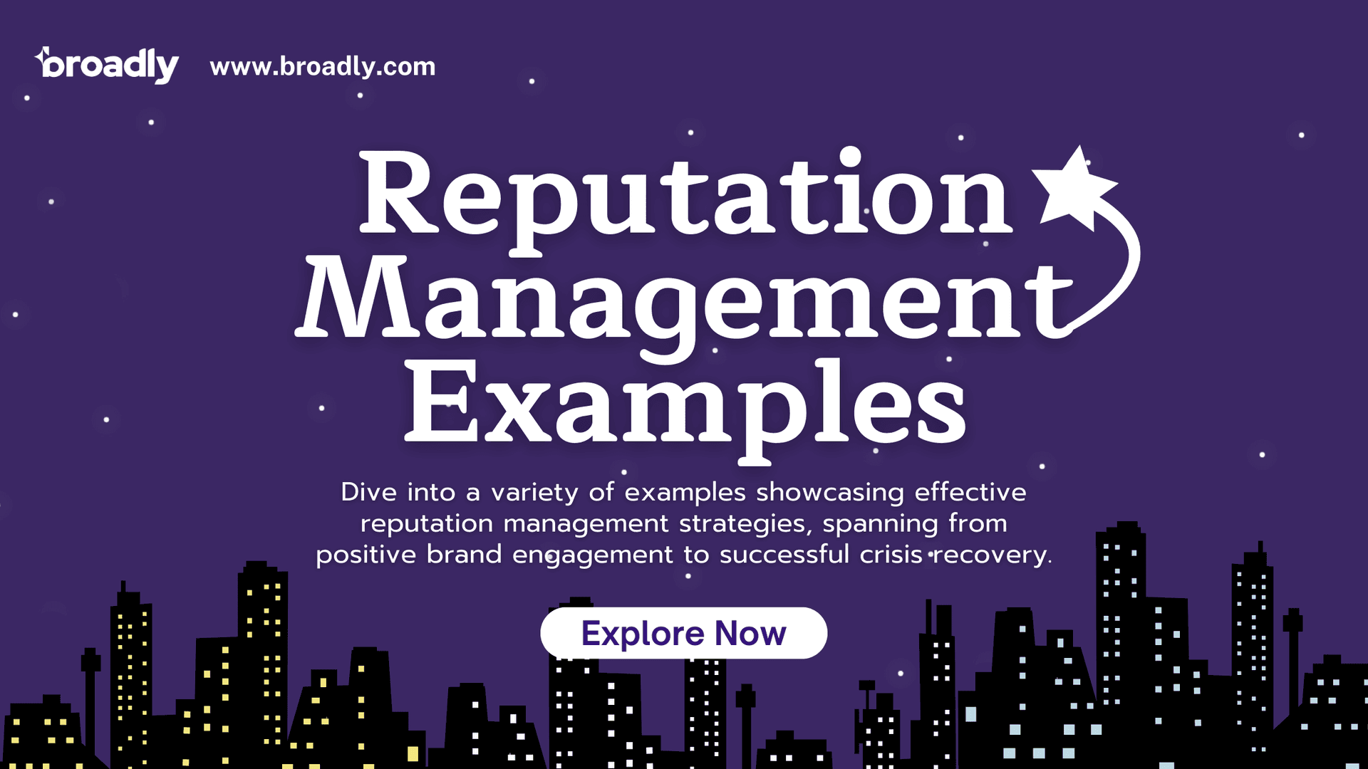 Reputation management examples with cityscape and interactive buttons
