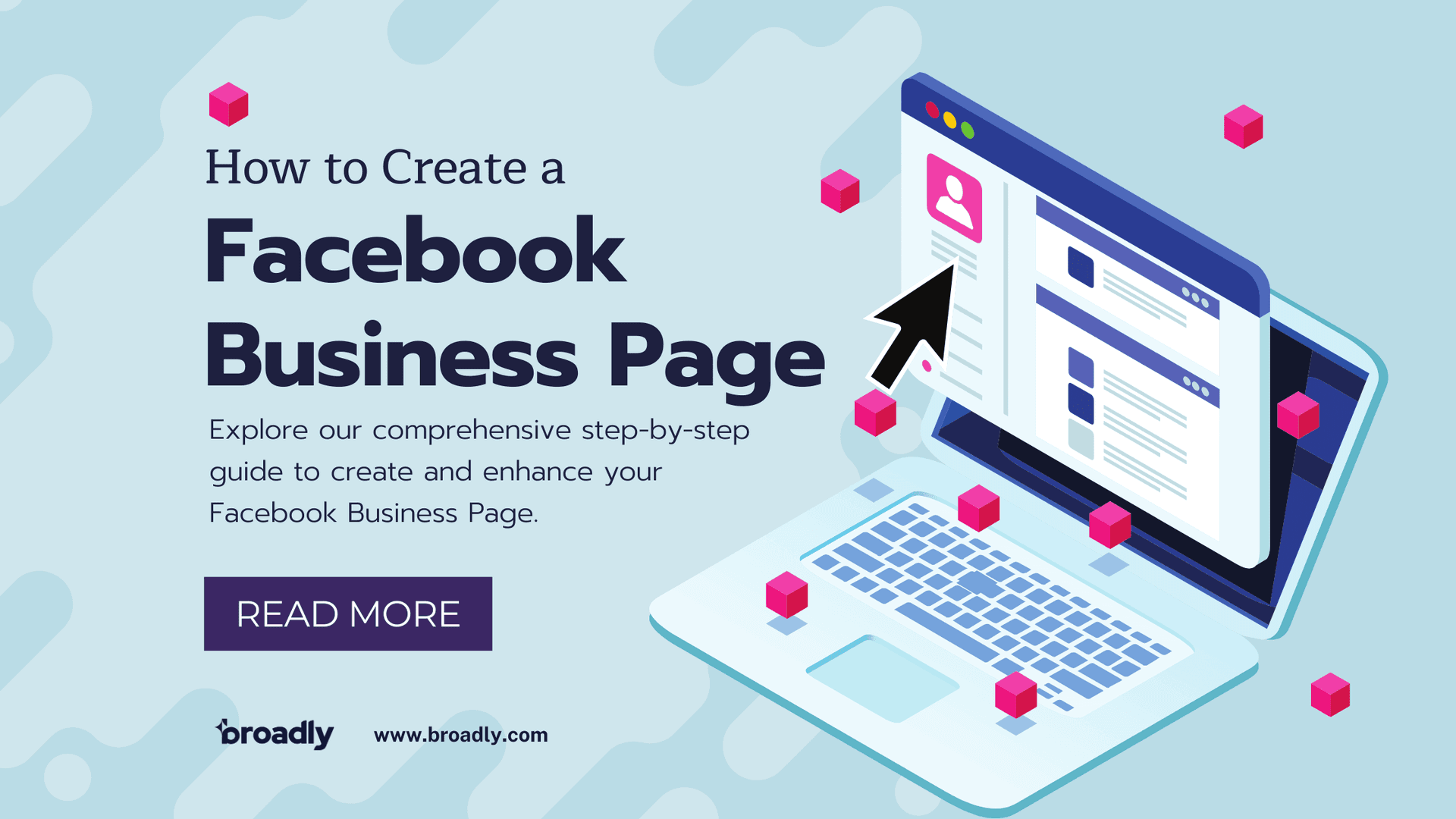 Illustration titled How to Create a Facebook Business Page with laptop and interface graphics