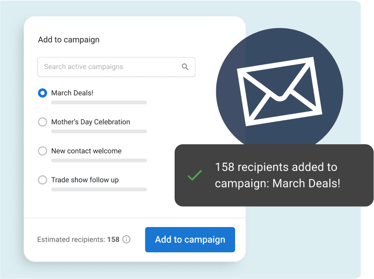Campaign management form showing 158 recipients added to March Deals campaign with search and campaign selection options
