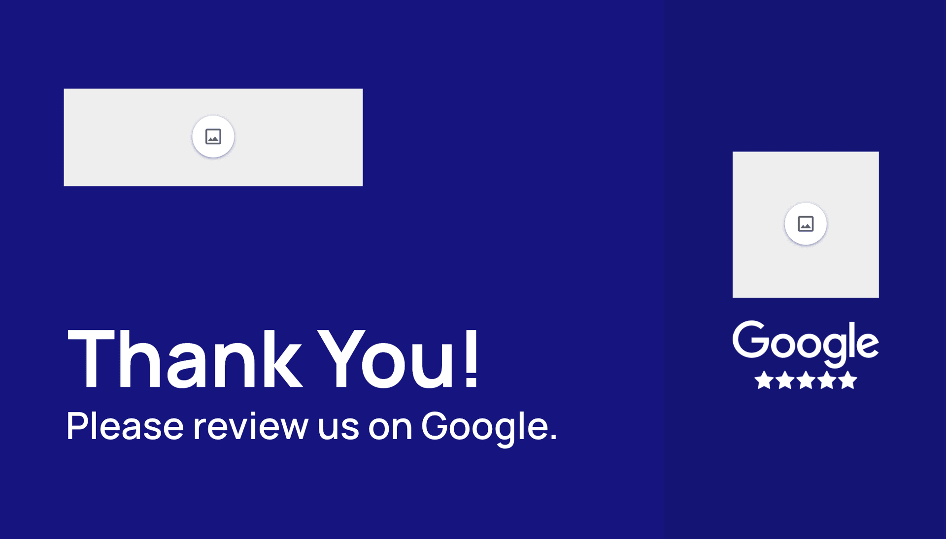 Business card template with Thank You message, image placeholder, and Google 5-star rating on blue