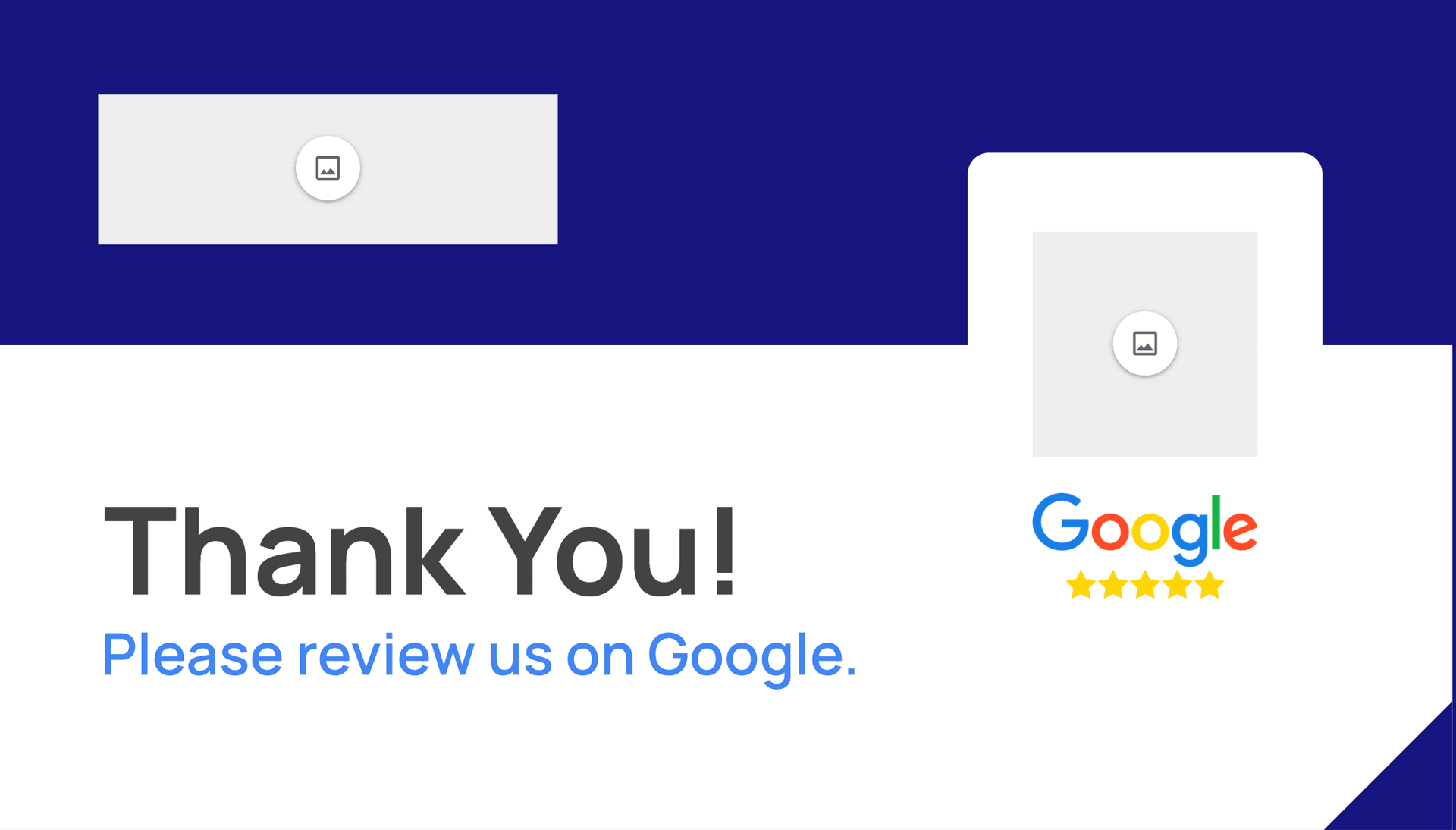 Business card with Thank You message and Google 5-star rating on blue and white split background