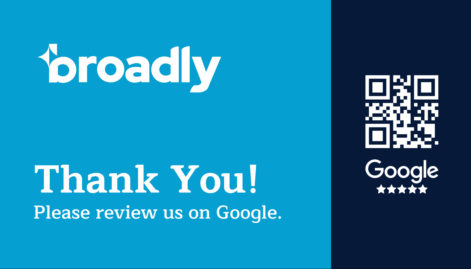Business card with Thank You and Please review us on Google on turquoise and navy background