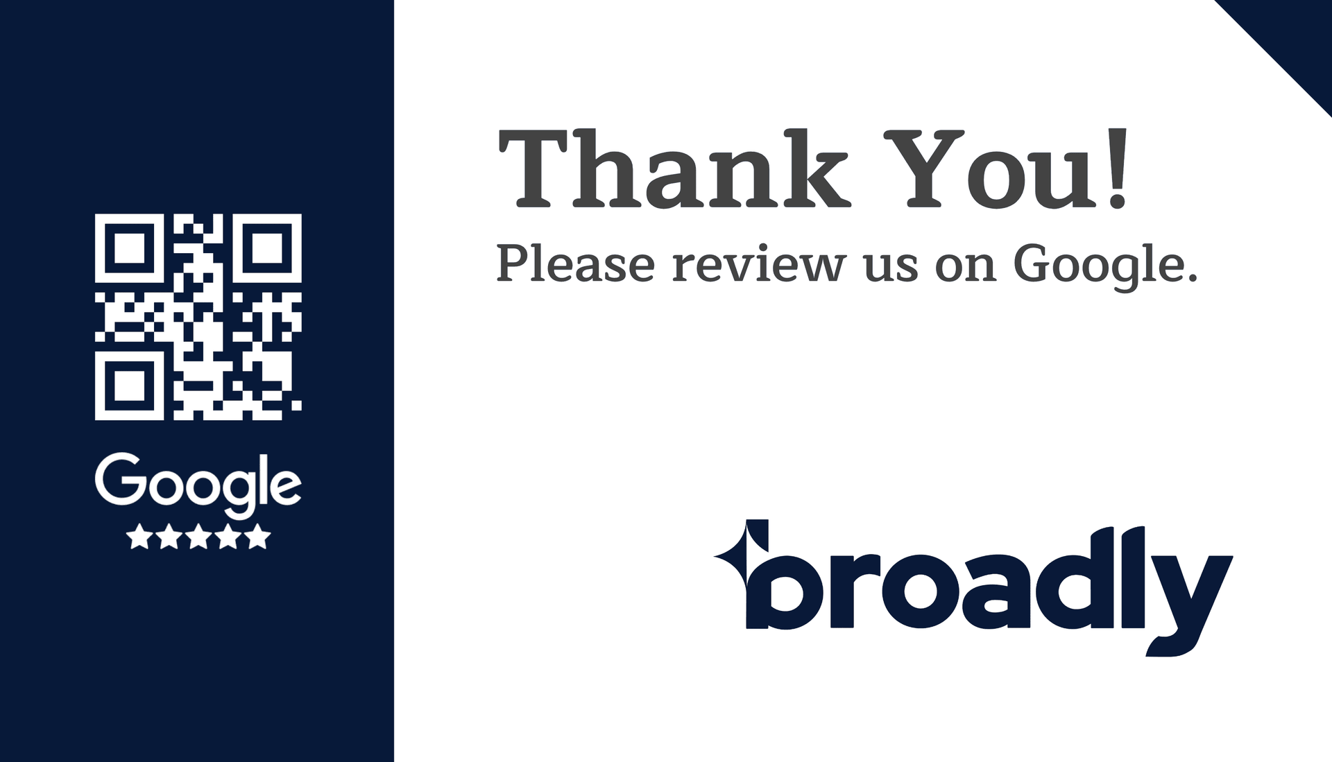 Business card with Thank You and Google review prompt with QR code on navy and white background