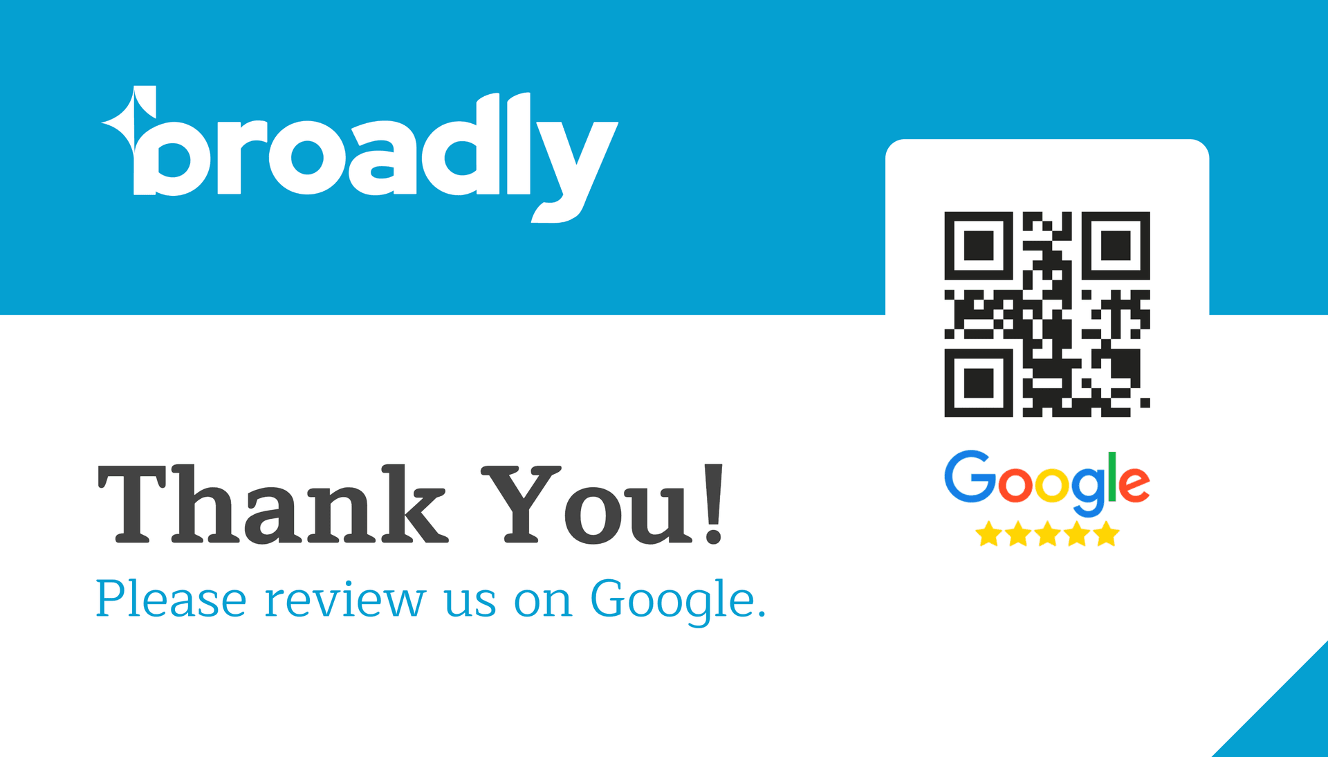 Business card with Thank You message, Google logo with 5 stars, and QR code on white background
