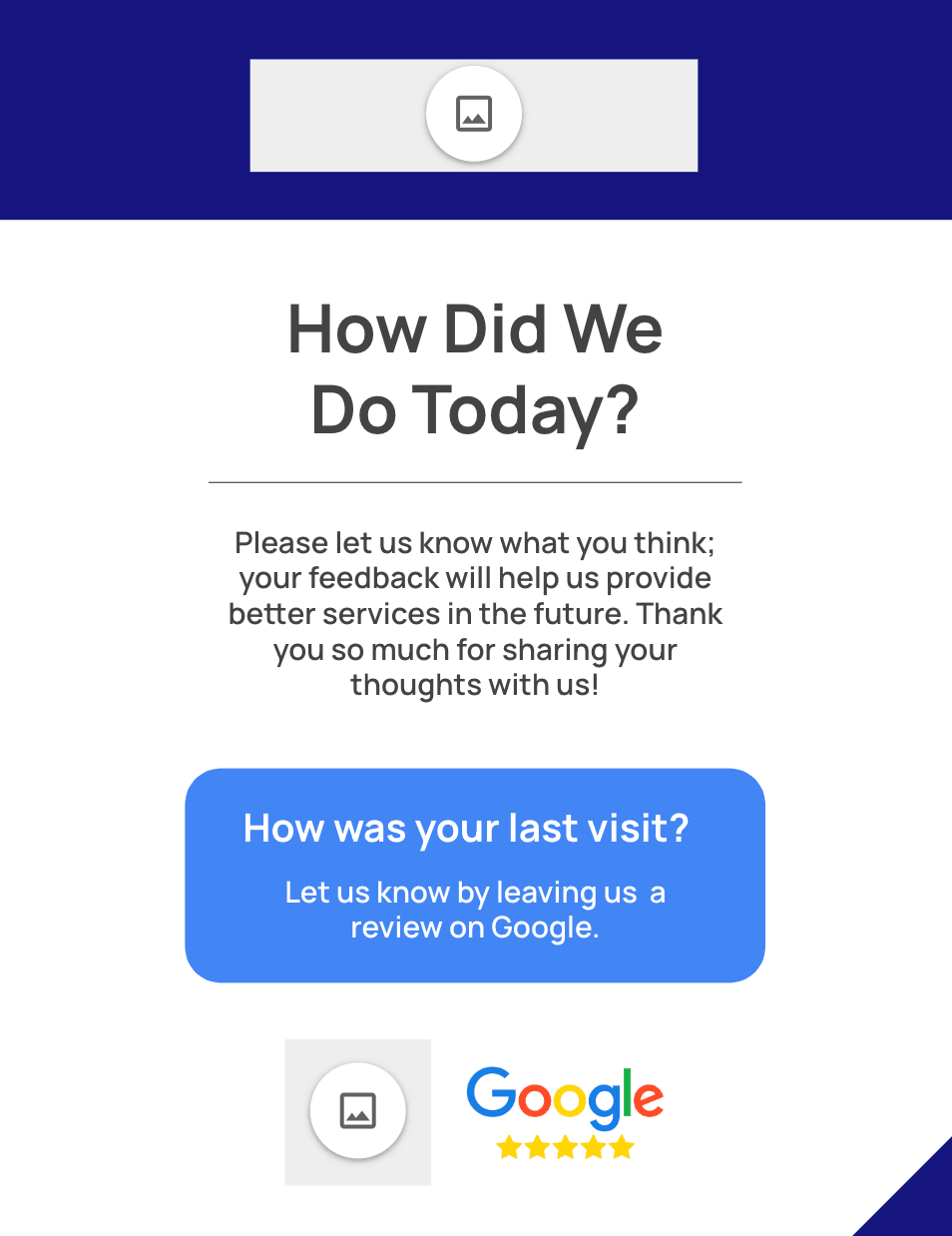 Feedback flyer with How Did We Do Today title and blue button for Google review with image space