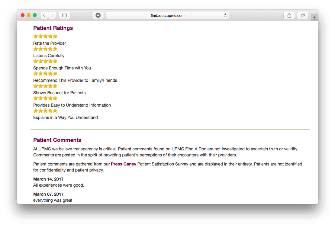 Patient ratings page with five-star reviews and patient comments