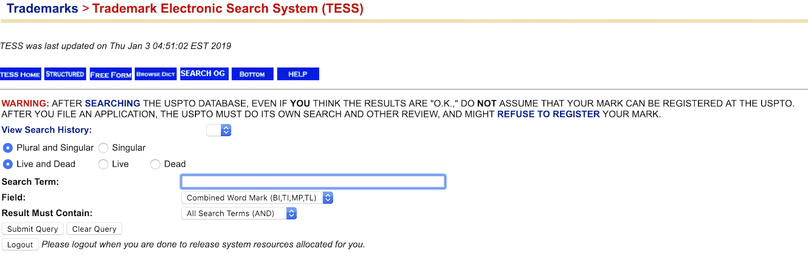 USPTO Trademark Electronic Search System (TESS) page with blank search field and filter options
