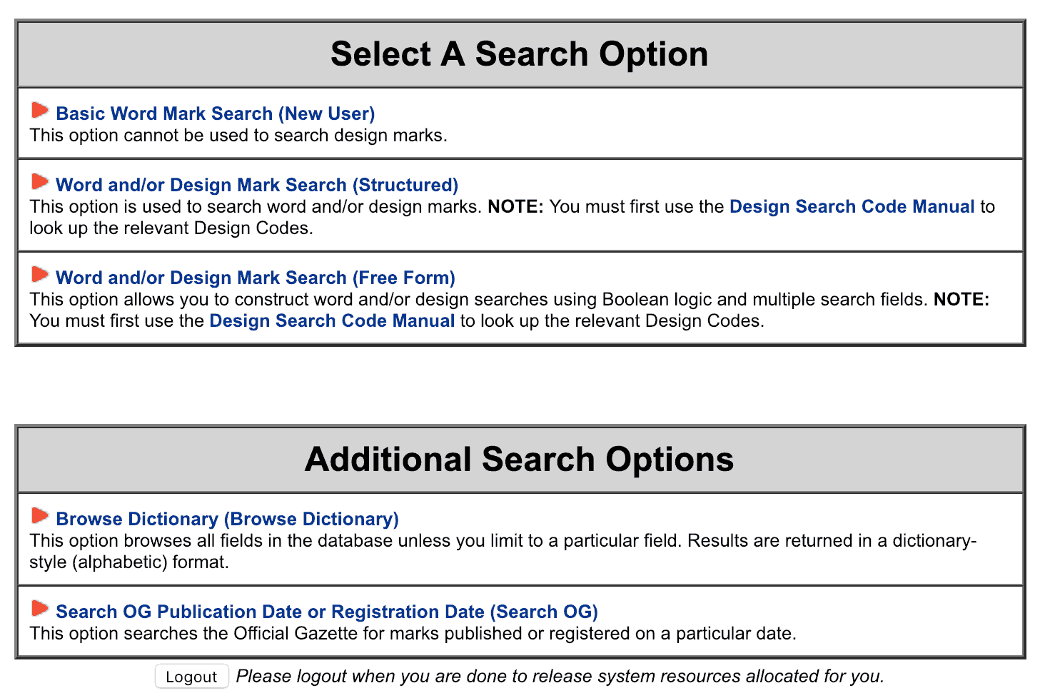 USPTO trademark search page with options for word mark, design mark, dictionary browse, and Official Gazette date search