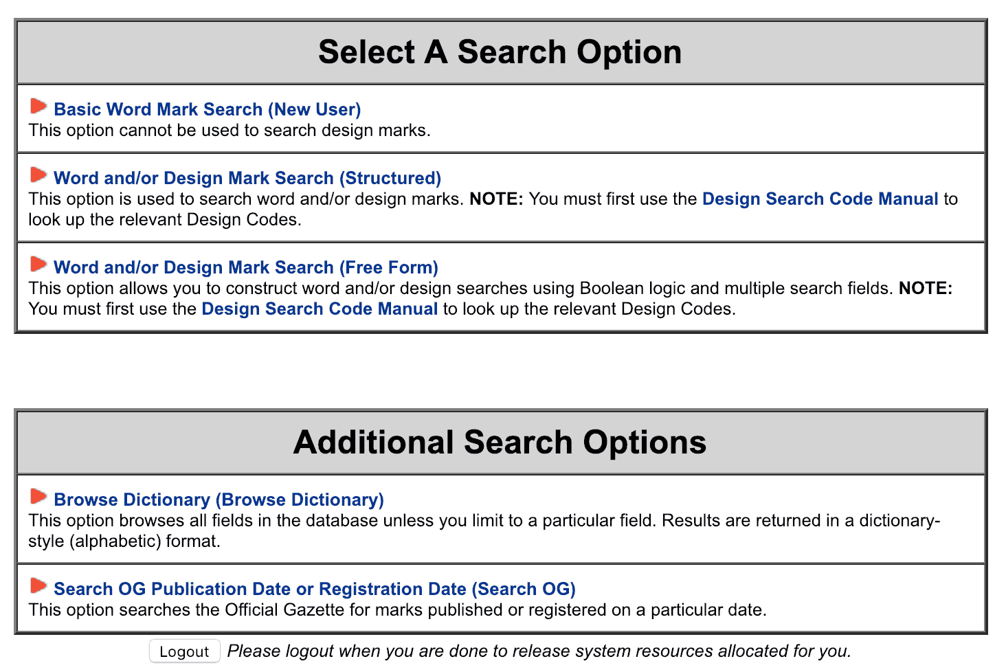 USPTO trademark search page with options for word mark, design mark, dictionary browse, and Official Gazette date search