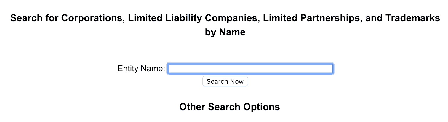 Search page for corporations, LLCs, limited partnerships, and trademarks by name, with an Entity Name field