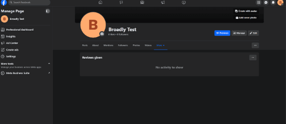 Facebook dark mode Manage Page menu with Settings option indicated by red arrow pointing to the option