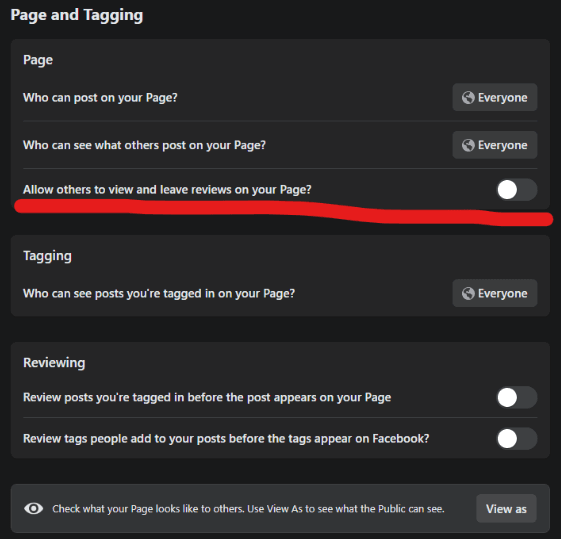 Facebook Page and Tagging settings showing Allow others to view and leave reviews toggle highlighted in red