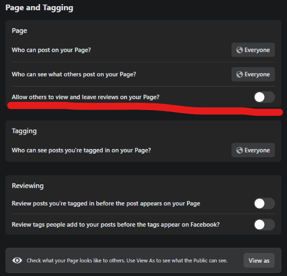 Facebook Page and Tagging settings showing Allow others to view and leave reviews toggle highlighted in red