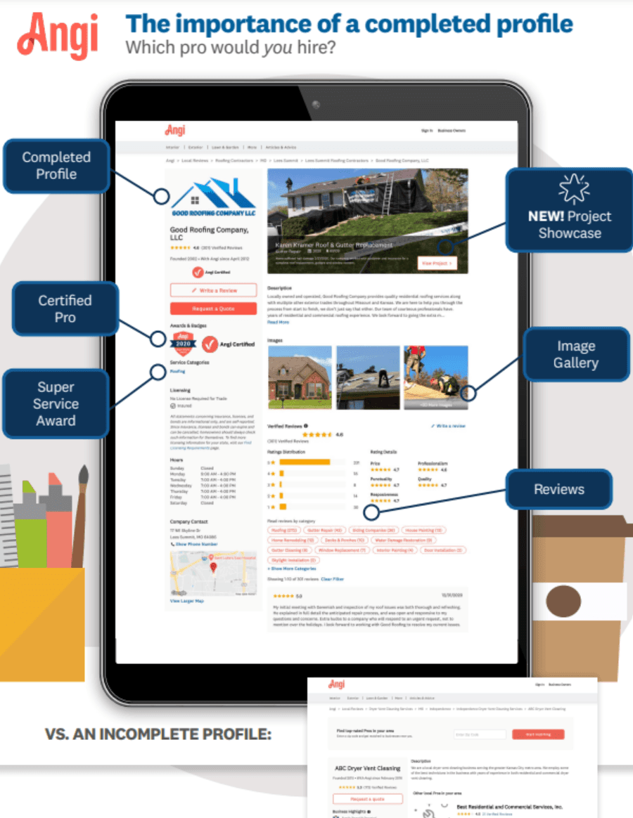 Angi Business Center profile comparison showing completed versus incomplete profile features