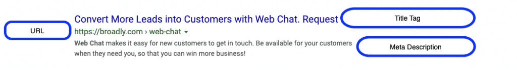 Search snippet components including URL, Title Tag, and Meta Description