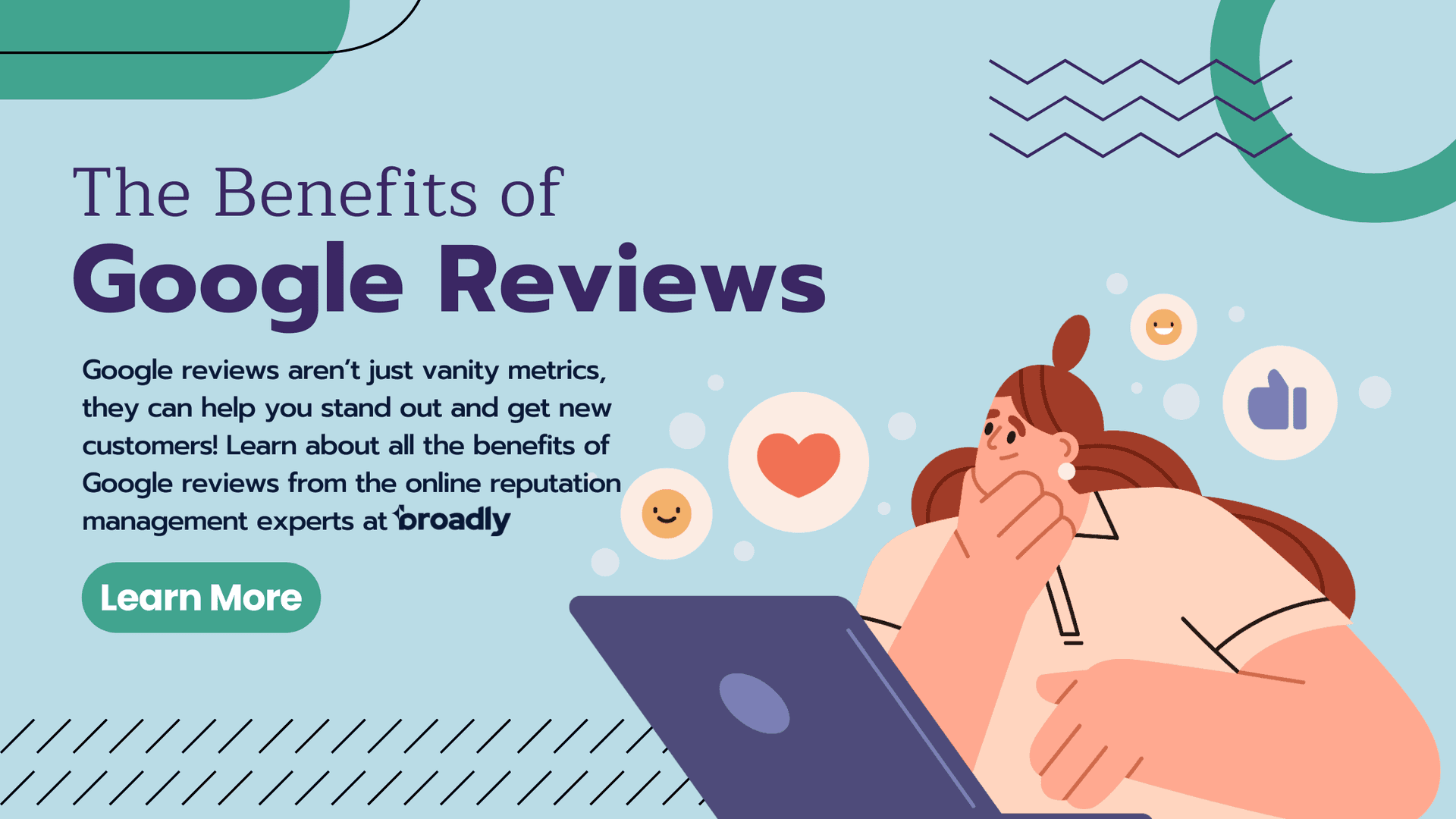 The Benefits of Google Reviews with woman at laptop and feedback icons
