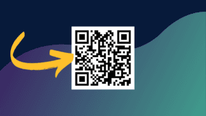 QR code with yellow arrow on blue-to-teal gradient background