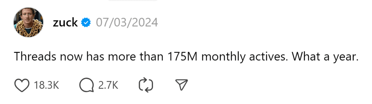 Threads post announcing 175 million monthly active users with engagement metrics and timestamp