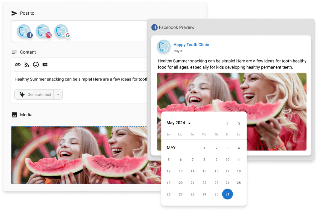 Social media management interface with post editor on left showing watermelon image and Facebook preview with calendar