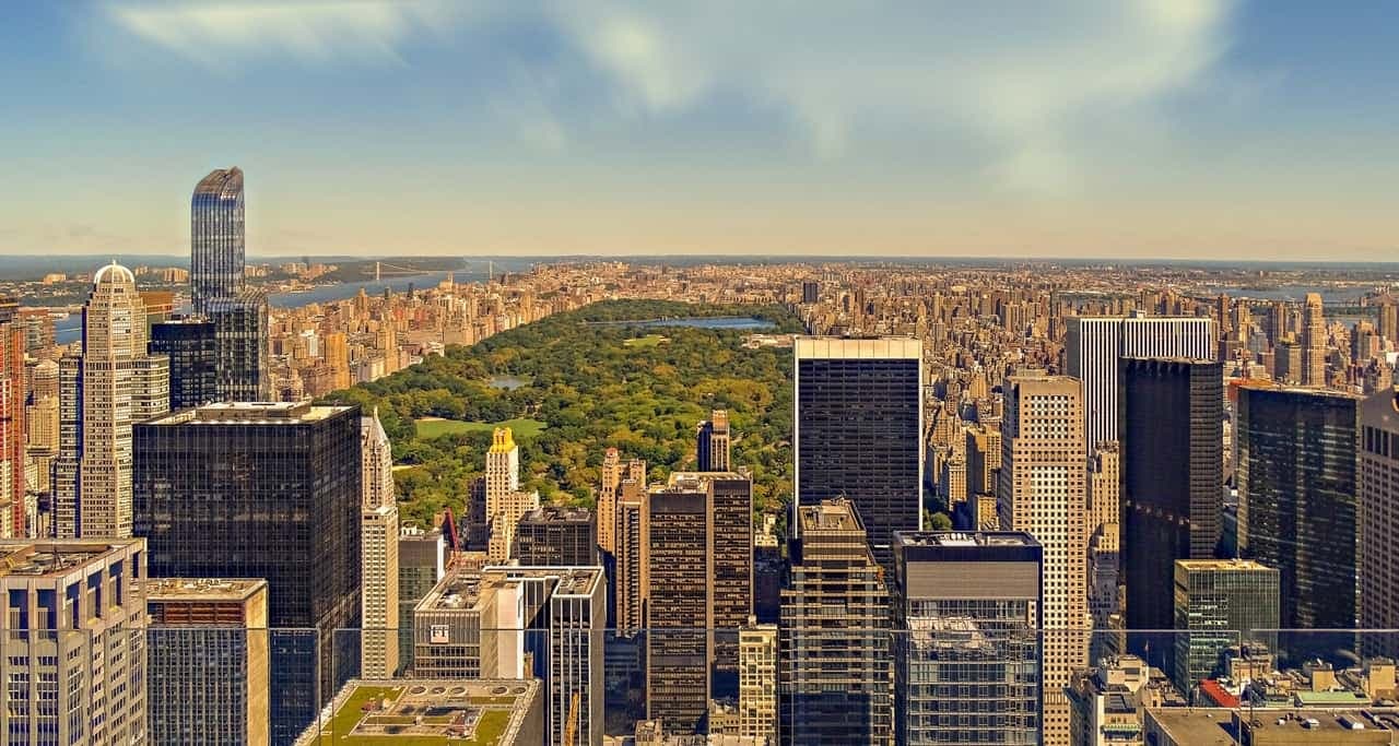 Aerial view of New York City skyline with Central Park and skyscrapers