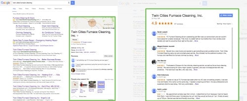 Google search results highlighting Twin Cities Furnace Cleaning business profile