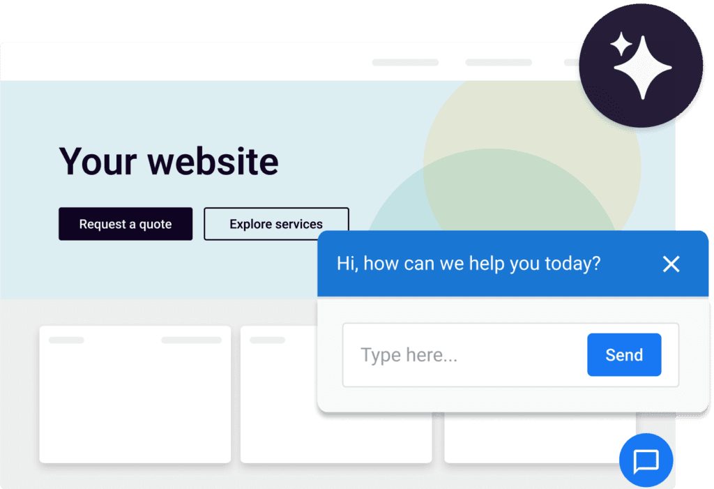 Website interface with "Your website" heading, action buttons, and blue chat widget asking "Hi, how can we help you today?